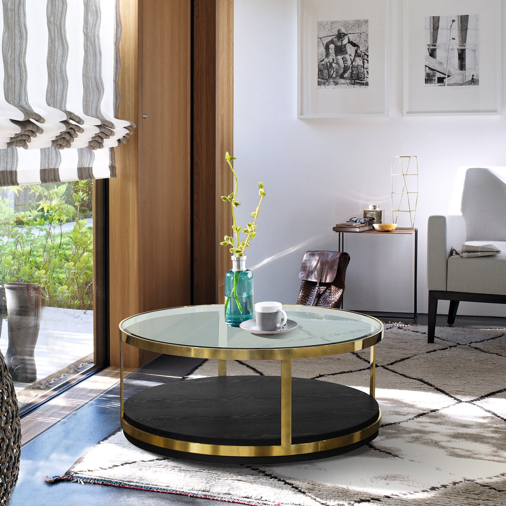 Hattie Round Wood and Gold Living Room Coffee Table On Sale