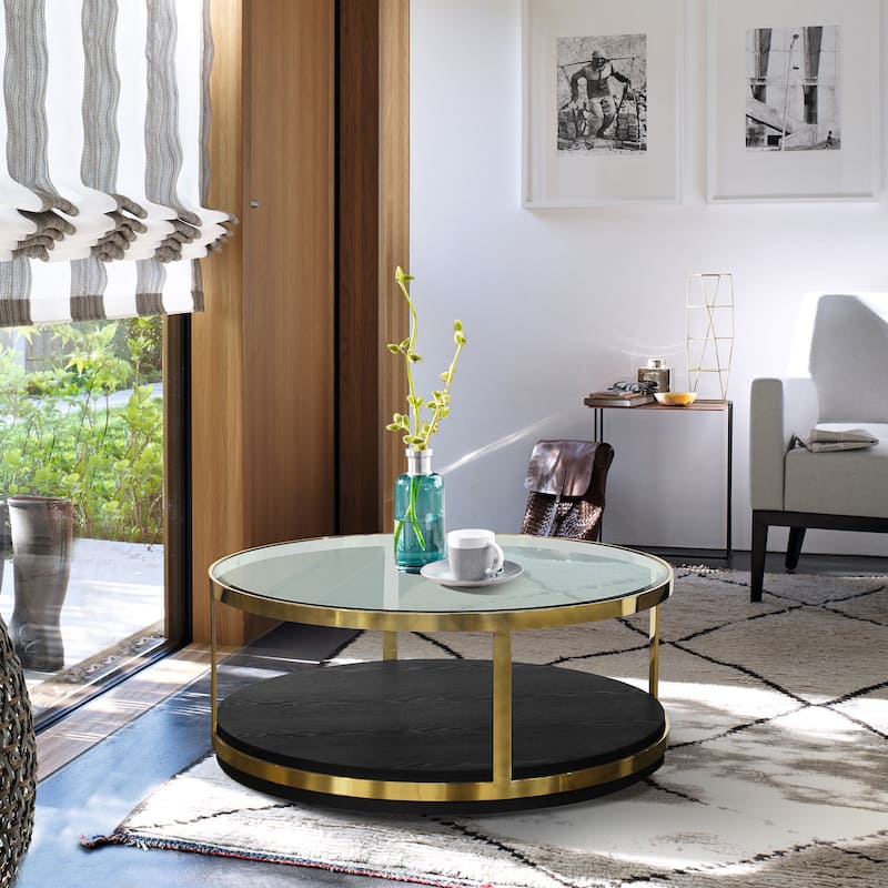 Hattie Gold Metal Glass Top 43" Round Coffee Table with Shelf