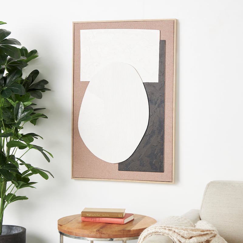 Brown Wooden Textured Geometric Framed Wall Art with Abstract Black and White Shapes and Fabric Backing - 25"W, 37"H