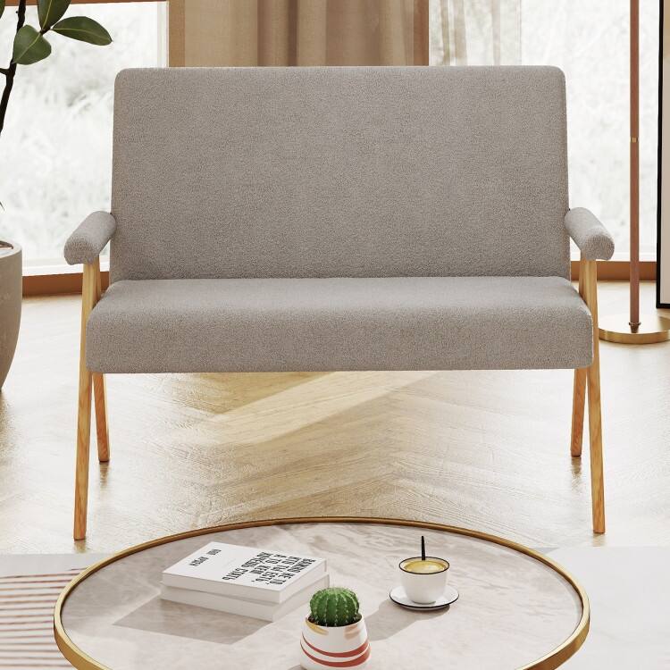 Sherpa Fabric Rubber Wood Loveseat Sofa with Cushions and Ergonomic Design - 47" x 29" x 36"
