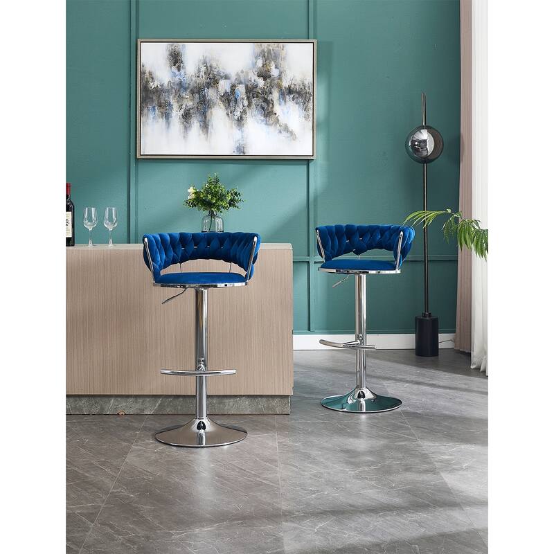 Set of 2 Bar Stools,with Chrome Footrest and Base Swivel, Height Adjustable, Velvet Upholstered + Chrome Leg Simple Bar Stool - Blue