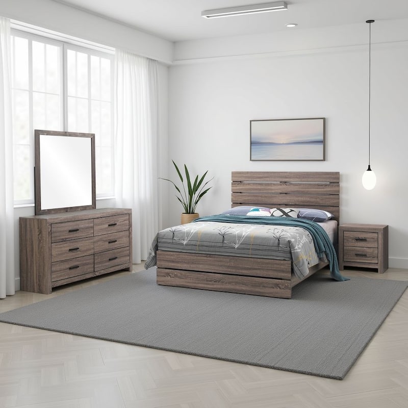 Sili 4pc Queen Bedroom Set w Dresser, Mirror, Oak Brown, Dark Bronze