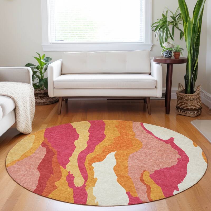Machine Washable Indoor/ Outdoor Abstract Contemporary Chantille Rug - Blush - 8' x 8'