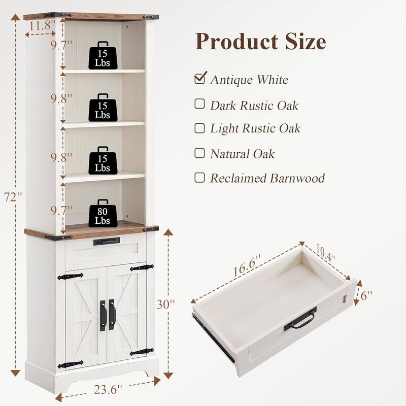 72" Tall Farmhouse Bookshelf, Bookcase, Office Wood Bookshelf
