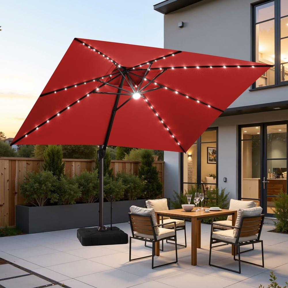 10 FT x 13 FT Outdoor Patio Aluminum Solar LED Lighted Cantilever Umbrella with Base Stand