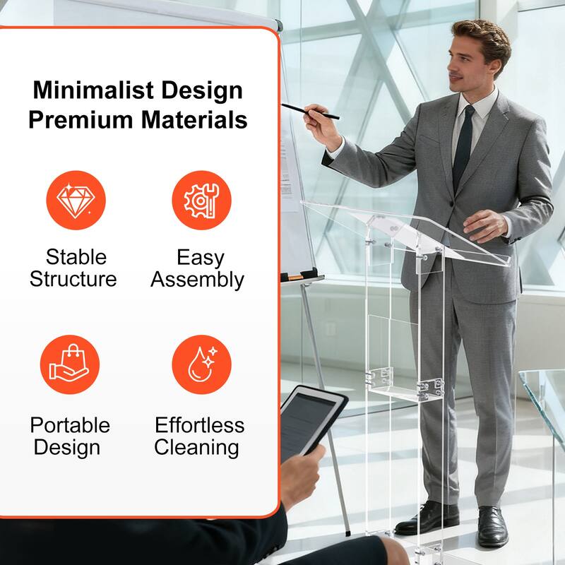 Clear Acrylic Presentation Lectern Pulpits Transparent Podium Stand with Tilted Wide Top and Shelf