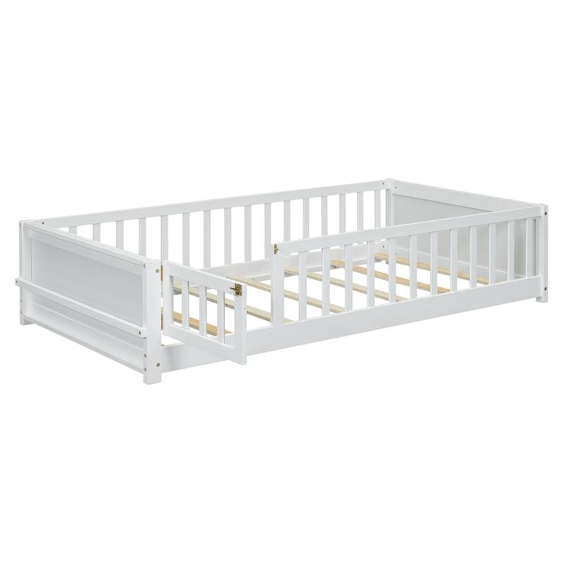 Twin Size Wood Platform Bed with Built-in Book Storage Rack and Door