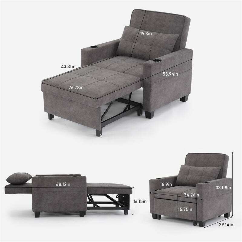 3-in-1 Pull Out Convertible Sleeper Chair w/ USB Ports,Wear Resistant
