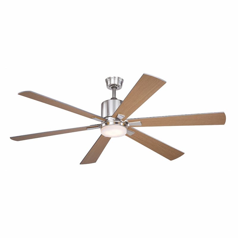 VAXCEL Wheelock Satin Nickel Outdoor Ceiling Fan, Reversible Black-Driftwood Blades, LED Light Kit, Remote 6 Speeds, DC Motor - 60-in. W x 15.5-in. H x 60-in. D - Brushed Nickel/Maple-Silver