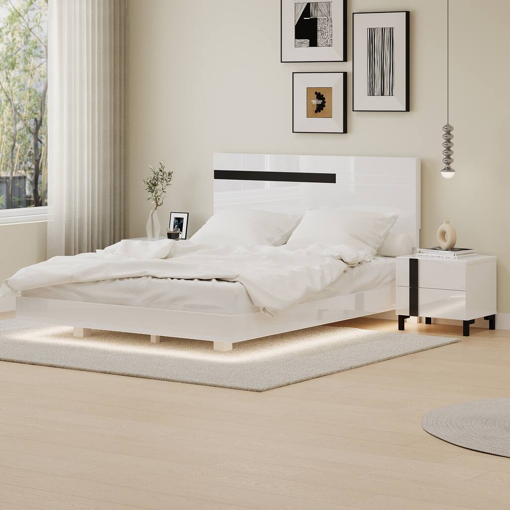 Modern High Gloss 3-Piece Bedroom Set Floating Bed Frame Queen Size Platform Bed with LED Light & 2 Nightstands, White