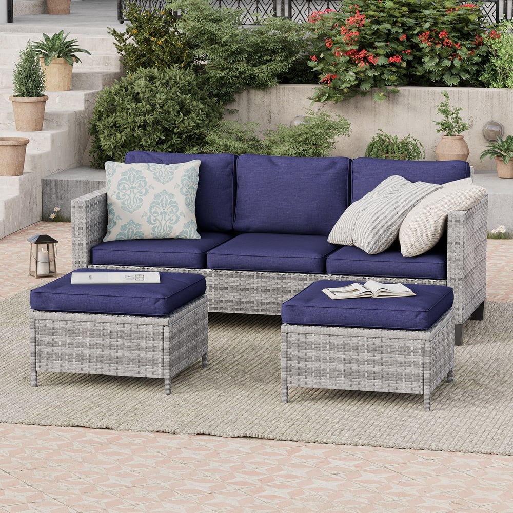 BONOSUKI 3-Piece Patio Sofa Set Grey Rattan Furniture with Ottomans