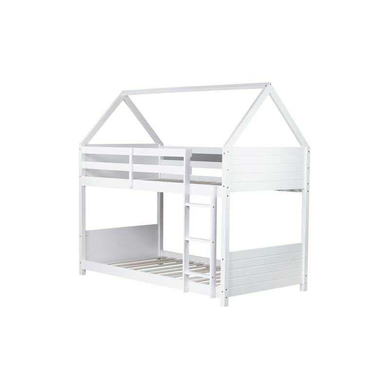 Twin Over Twin House Bunk Bed with Playful Roof Design Safety Guardrails & Ladder (250lb Capacity)