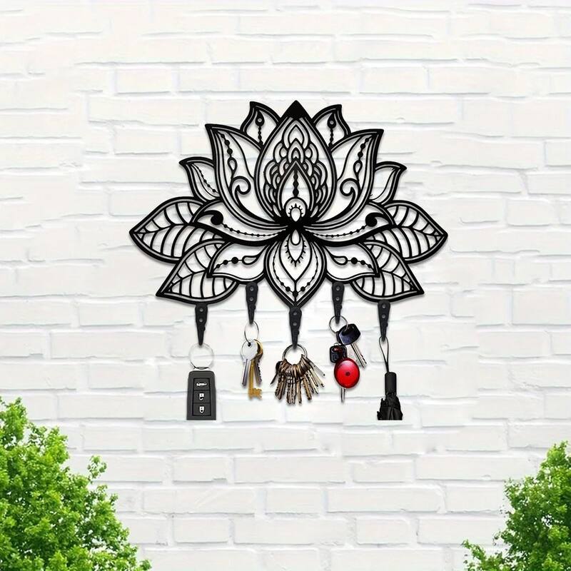 Wall-Mounted Towel Rack with 6 Hooks Black Matte Metal Space-Saving Bathroom Organizer - N/A