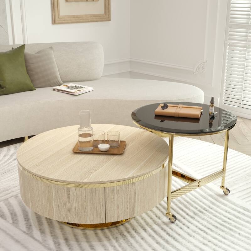 Nesting Coffee Table Set with End Table Round Coffee Table with 2 Storage Drawers
