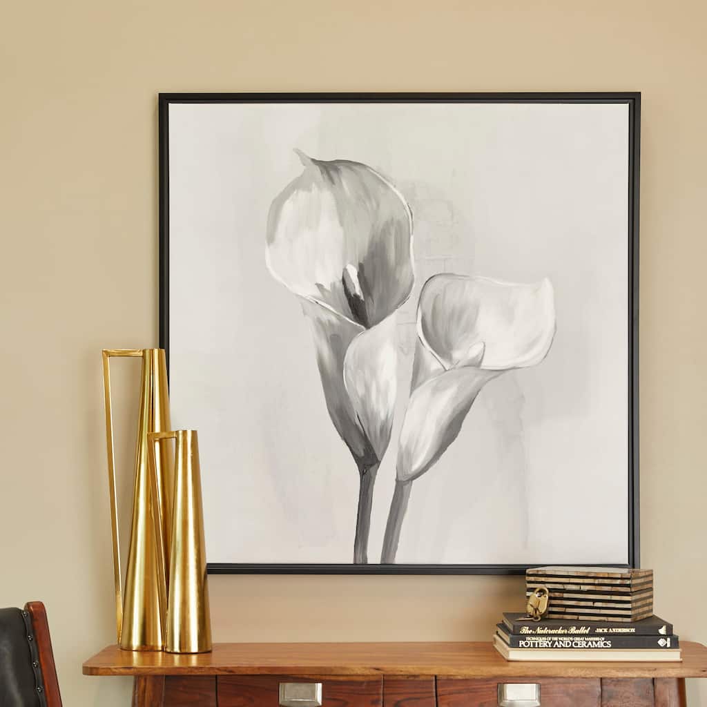 White Canvas Shaded Tulip Floral Framed Wall Art with Black Frame