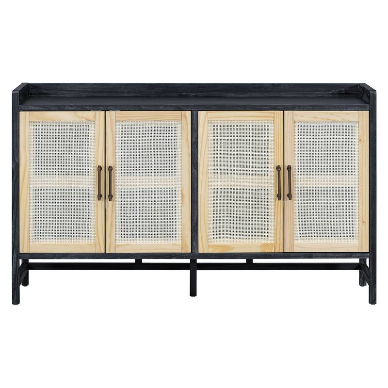 Rattan Sideboard Buffet Storage Cabinet Console Table, Black+Natural