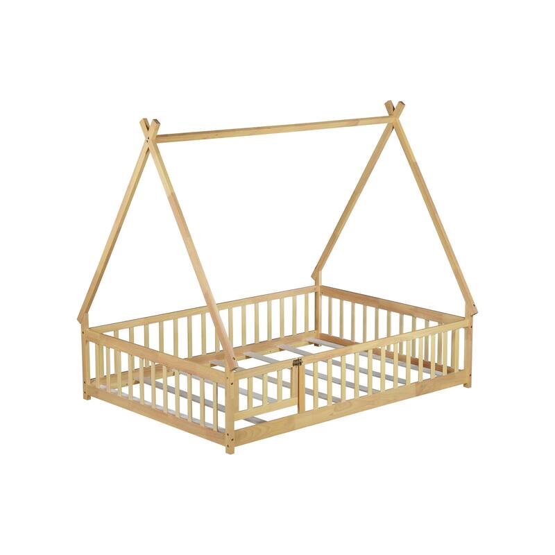Full Size Rubber Wood Tent-shaped Floor Bed with Guardrails