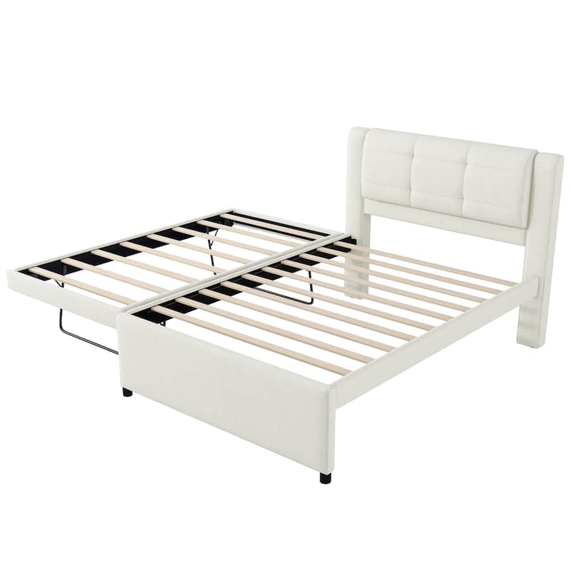 Full Size Upholstered Platform Bed with Adjustable Trundle, Beige