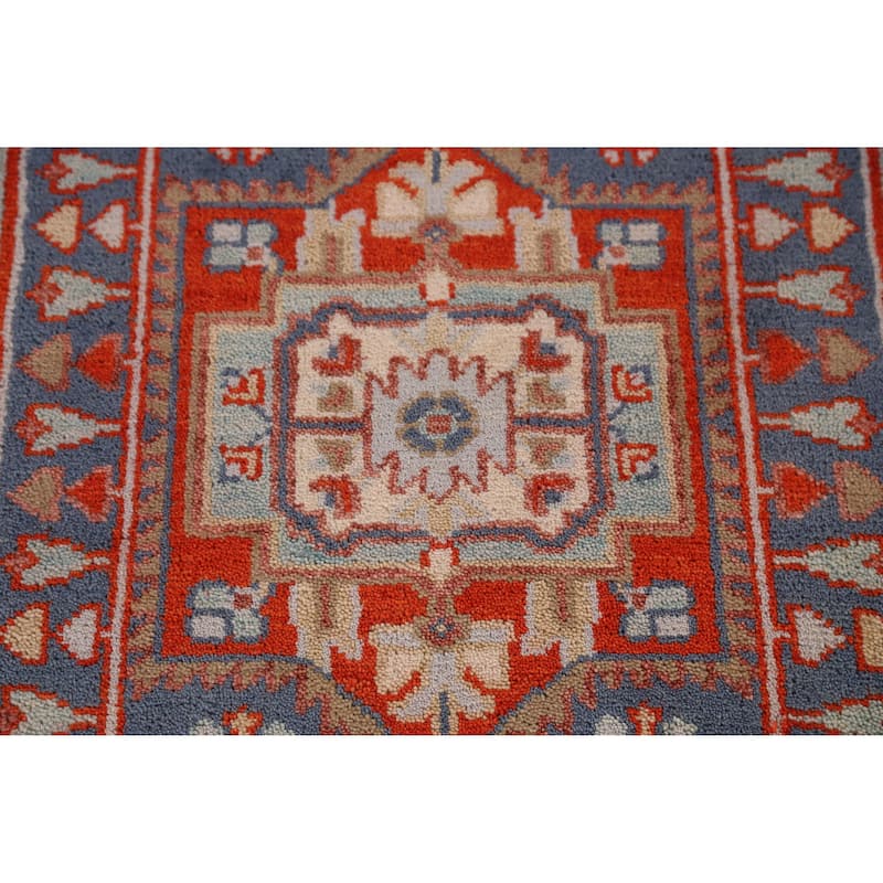 Blue Geometric Heriz Serapi Indian Runner Rug Hand-Knotted Wool Carpet - 2'4" x 7'11"
