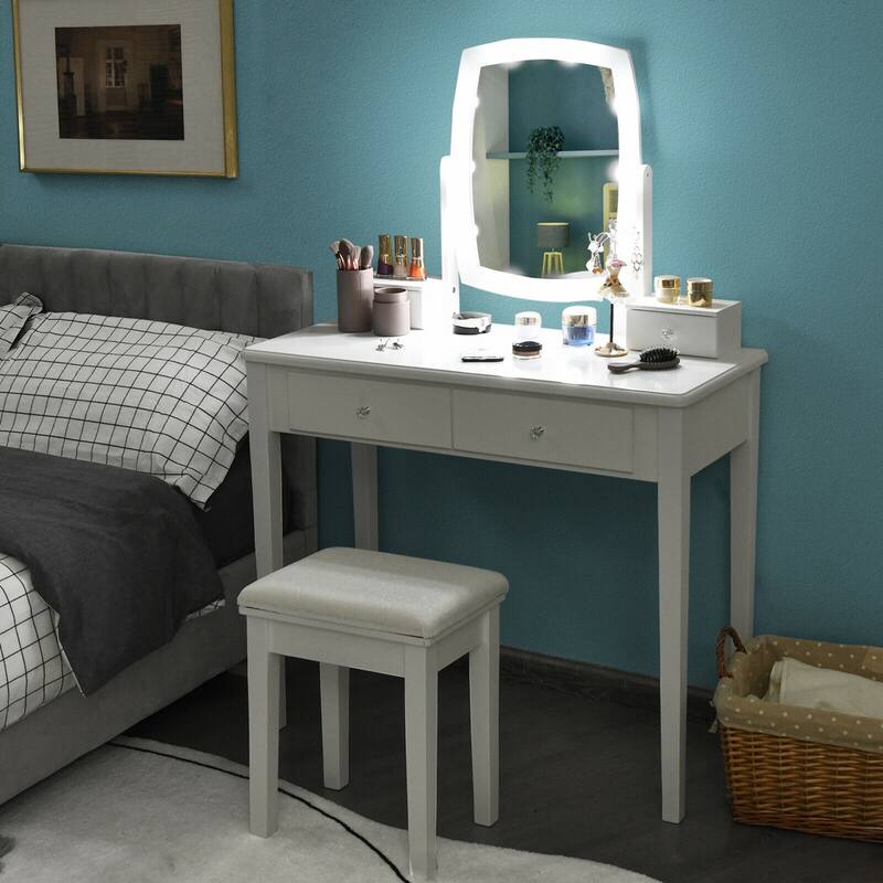 Gymax Vanity Table Set with Lighted Mirror Adjustable 10 Bulbs Dresser - See Details