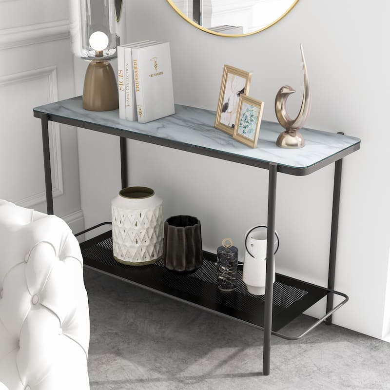 Puetz Contemporary White and Black 48-inch Steel 1-Shelf Sofa Table by Furniture of America