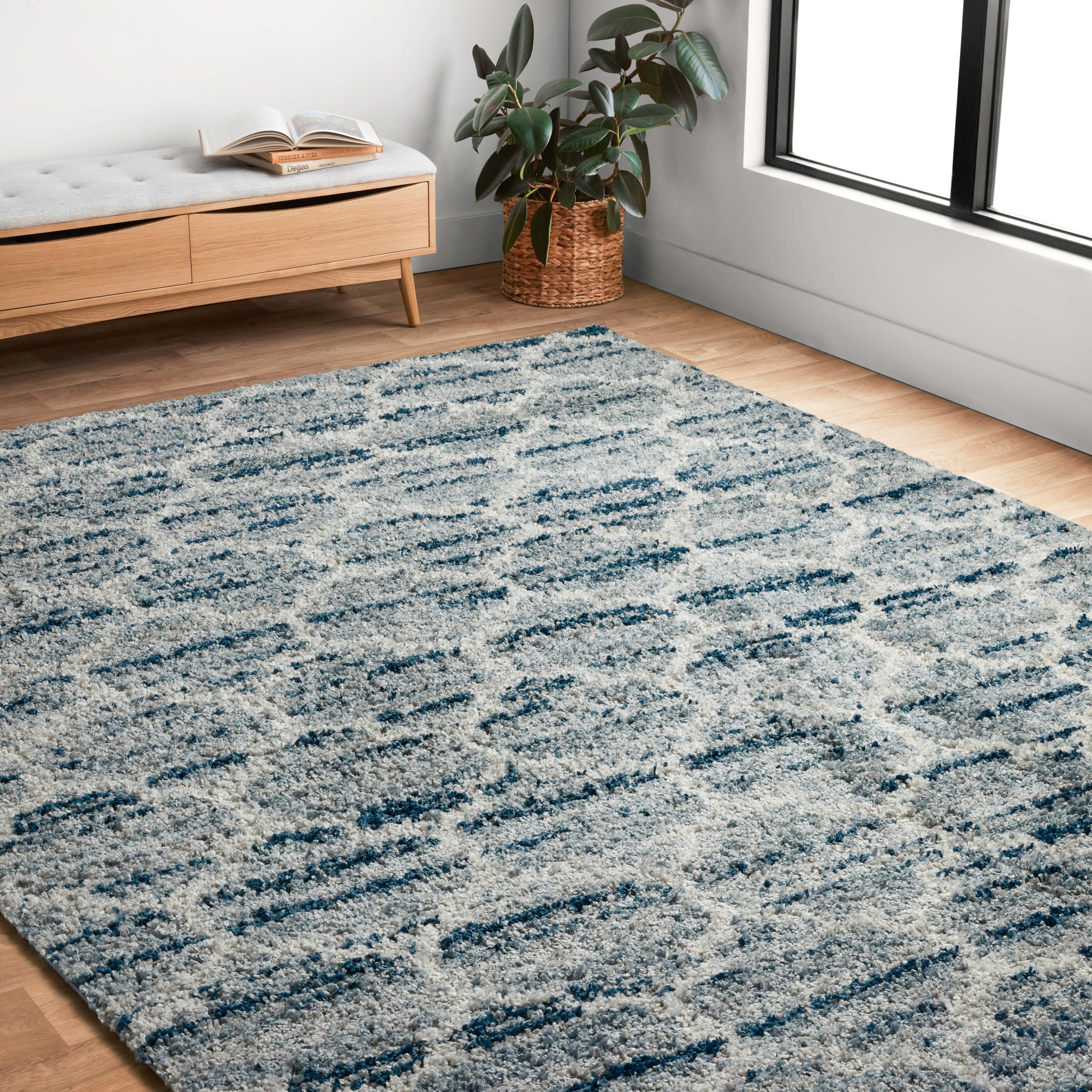 Modern Royal Blue Trellis Shaggy Carpet Contemporary Moroccan Area Rug Thick 5CM 