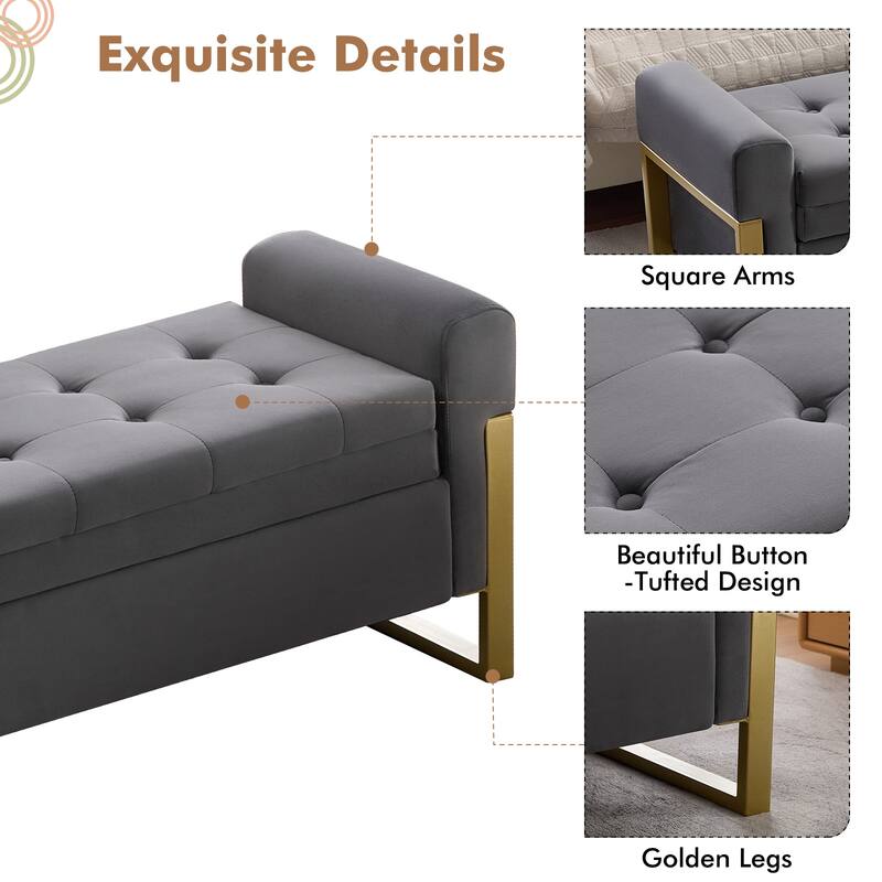 66" Storage Bench for Bedroom End of Bed with Single Lids and Gold Legs