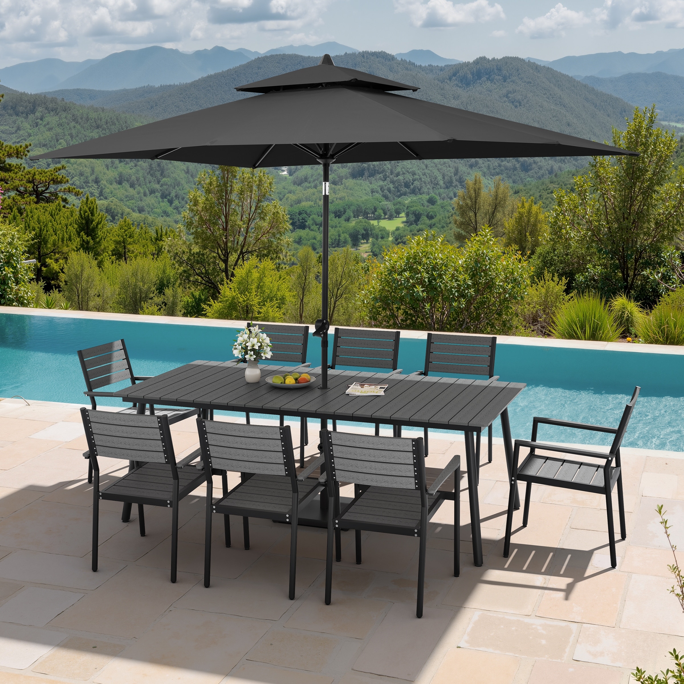 11PC Outdoor Patio Dining Set Aluminum Table with Stackable Armchairs w/ Market Umbrella Set