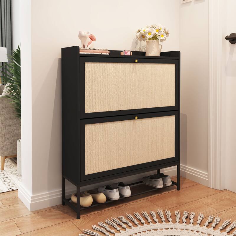 Free-standing Two-tier Flip-out Drawer Wooden Shoe Storage