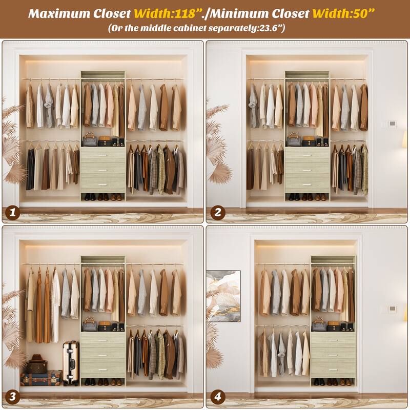 Cimly 118'' Closet Organizer with 3 Wooden Drawers, Adjustable Closet System with 5 Hanging Rods