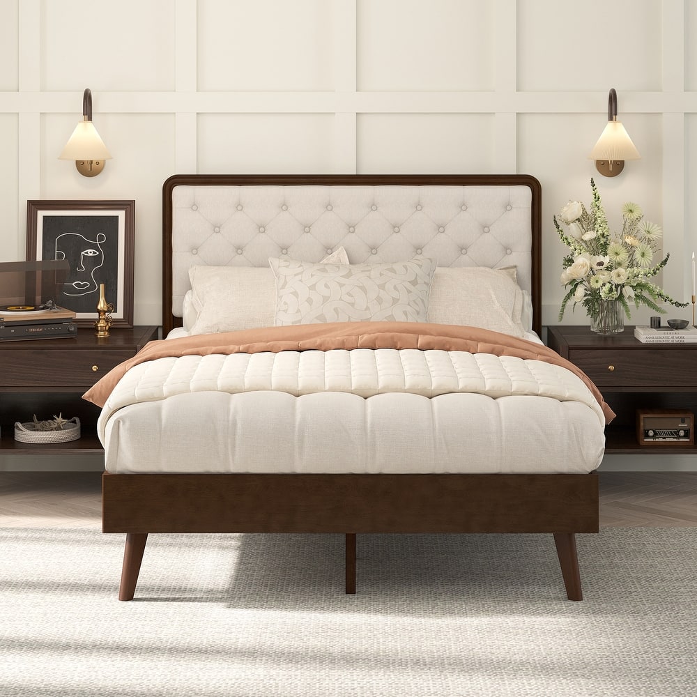 Solid Wood Panel Platform Bed with Button Tufted Headboard, Multi-Size wooden Rustic Bed Frame Bedroom Furniture