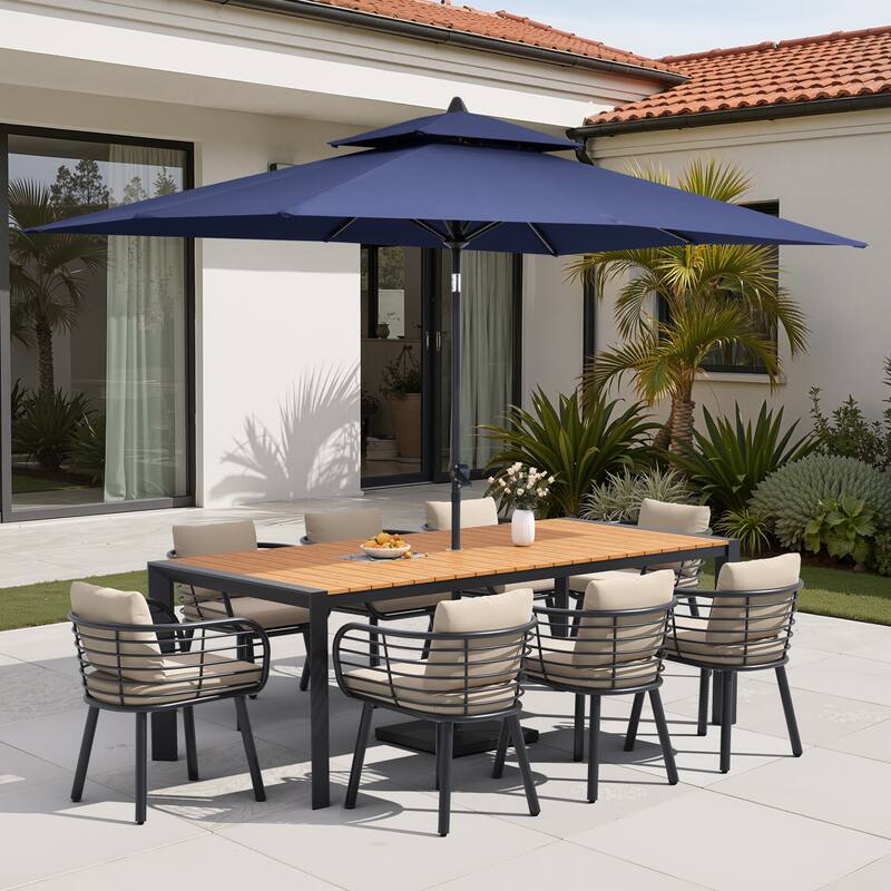 9/11-Piece Outdoor Patio Dining Set w/10 ft Umbrella and Base Aluminum Dining Table and Dining Chairs with Sunbrella Cushions