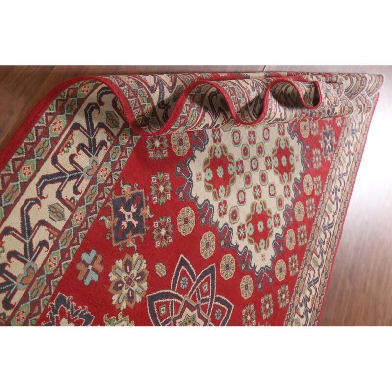 Hand Knotted Oriental 100% Wool Carpet Traditional Geometric Red Kazak Area Rug - 9' 8'' X 6' 6''