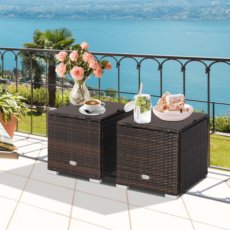 Costway 2PCS Patio Rattan Ottomans Seat Side Table Storage Box - See Details