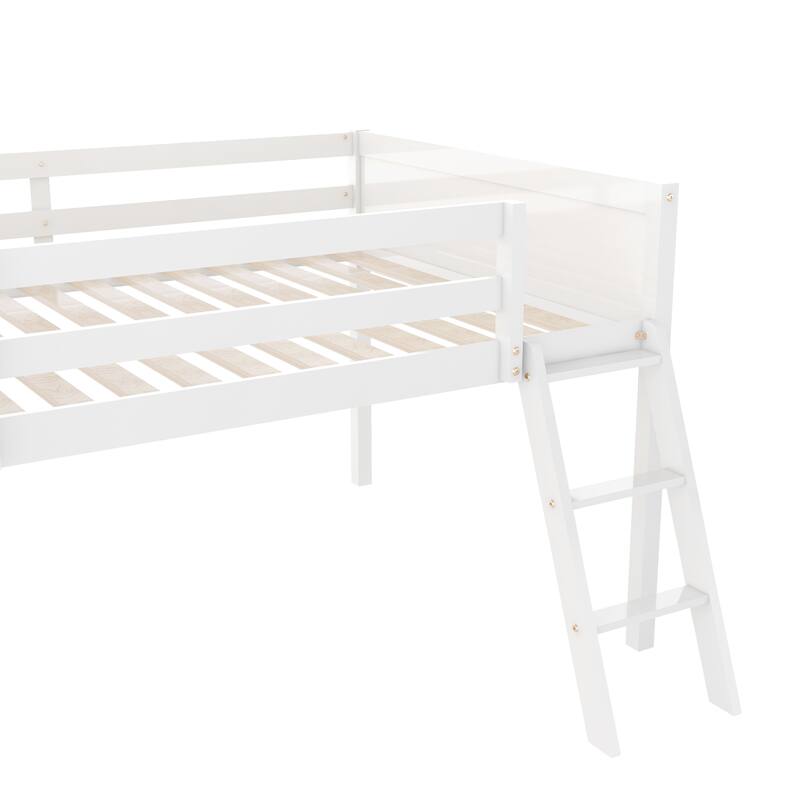 Full Size Wood Low Loft Bed with Convertible Ladder, White