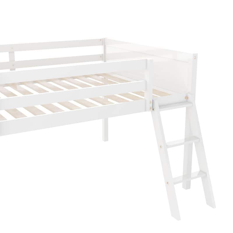Full Size Wood Low Loft Bed with Removable Ladder, Wooden Bed Frame