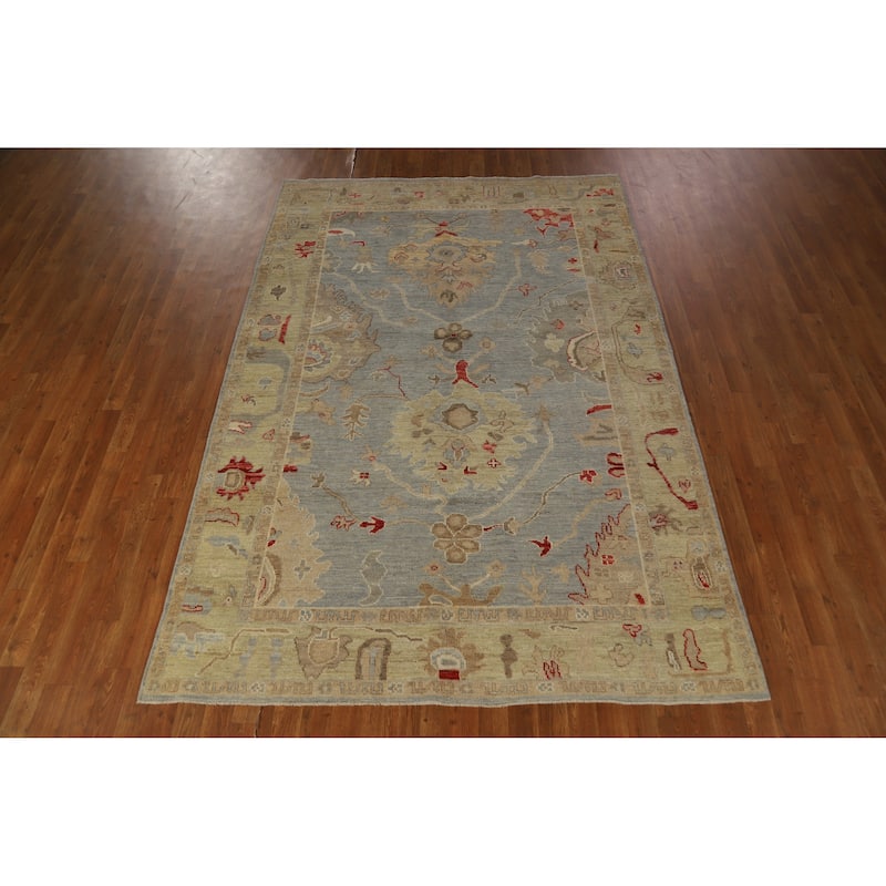 Hand Knotted Oriental 100% Wool Carpet Transitional All-Over Navy Blue & Blues Oushak Area Rug - 8' 8'' X 5' 11''