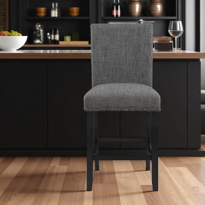 HomeRoots 26" Gray and Black Wood and Fabric Counter Height Bar Chair