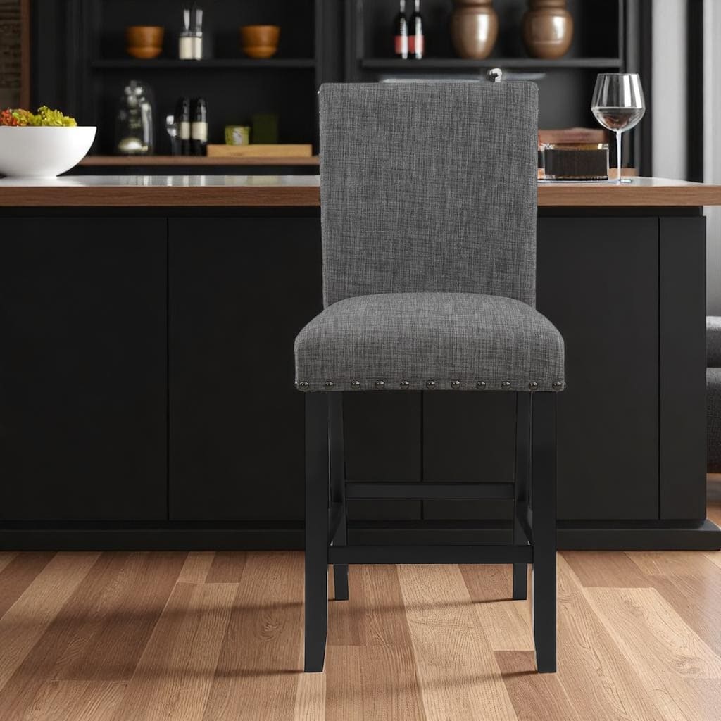 HomeRoots 26" Gray and Black Wood and Fabric Counter Height Bar Chair