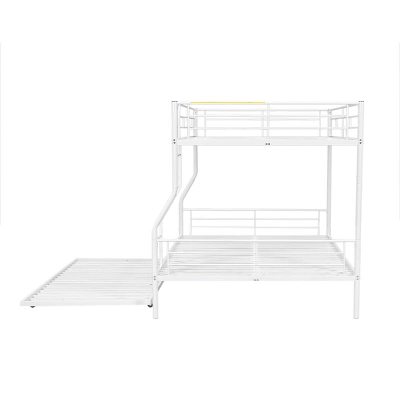 Full XL Over Queen Metal Bunk Bed with Trundle and Guardrail, Convertible to Two Beds