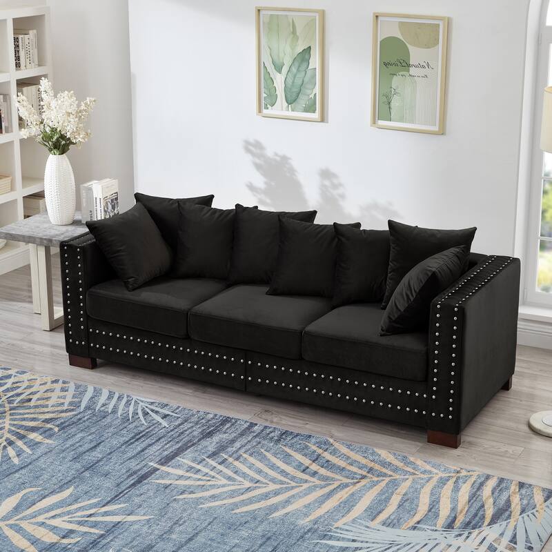 Silver Nails Decoration Lounge Couch 3 Seater Velvet Storage Sofa - Black