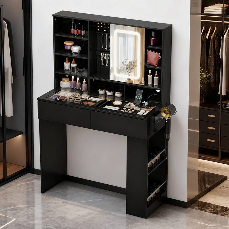 Particle Board Veneered, 2-drawer 3-compartment Left-right 3-tier Shelf, Glass Tabletop, Side Panel Storage Style Dressing Table