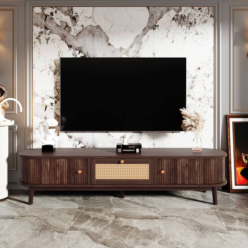 Modern Design TV Stand for 75" TVs, Media Console TV Cabinet with Rattan-Front Drawer 1 Drawer and 2 Sliding-Door Cabinets