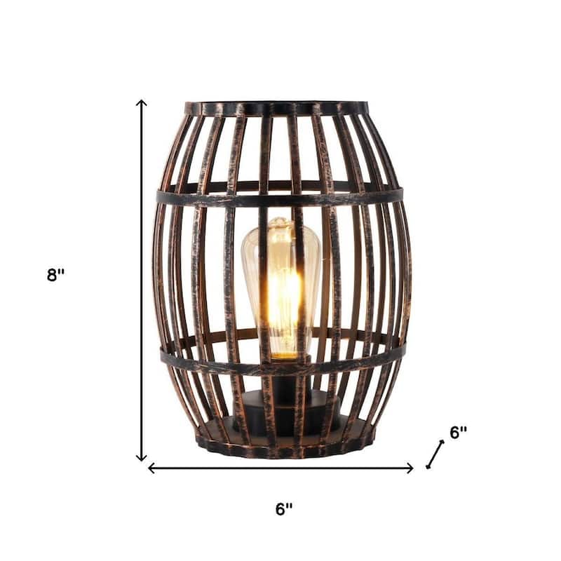 HomeRoots 8" Black Battery Operated Novelty Bedside Lamp With Cage Shade - 6.00 in. x 8.00 in. x 6.00 in.