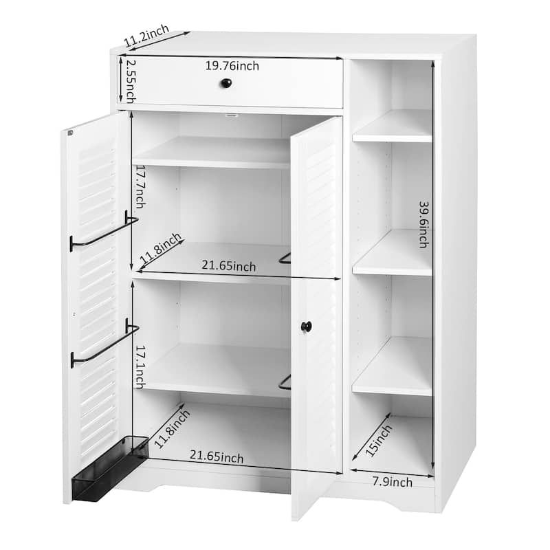 Freestanding Shoe Rack Organizer with Adjustable Storage Shelves, Shutter Doors, and Top Drawer.