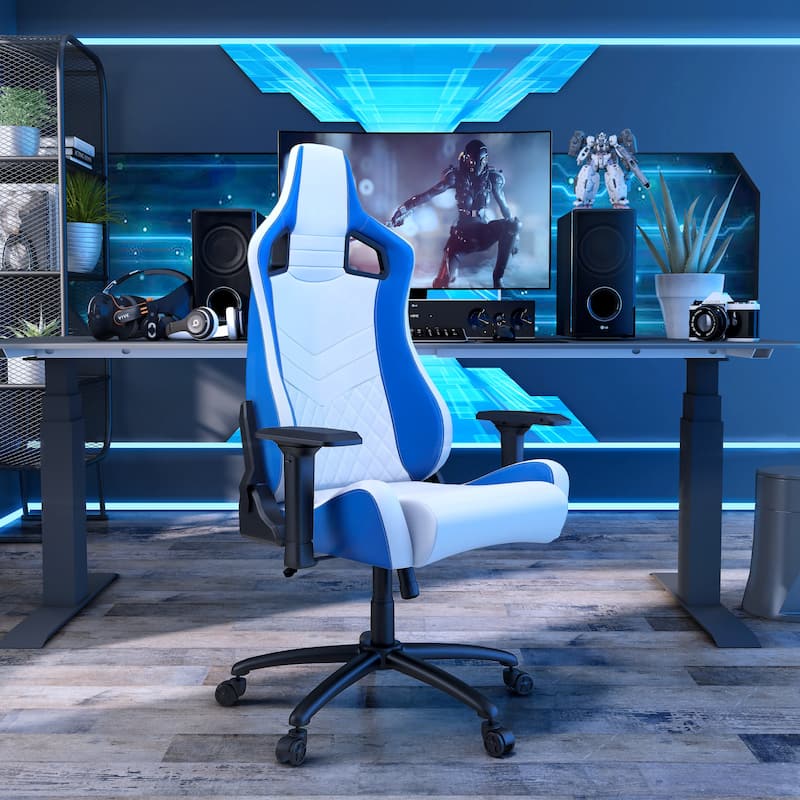 Olive White Vegan Leather Reclining Gaming Chair by Furniture of America - White/Blue