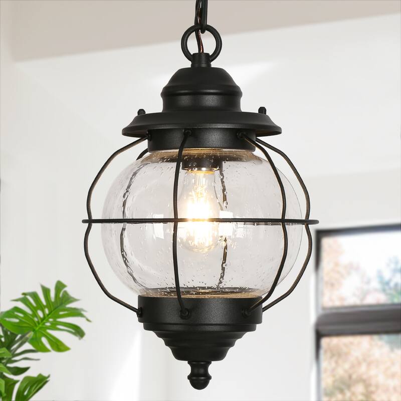 Modern Farmhouse Black 1-Light Outdoor Pendant Light Glass Patio Lantern Lamp - D10" X H12"