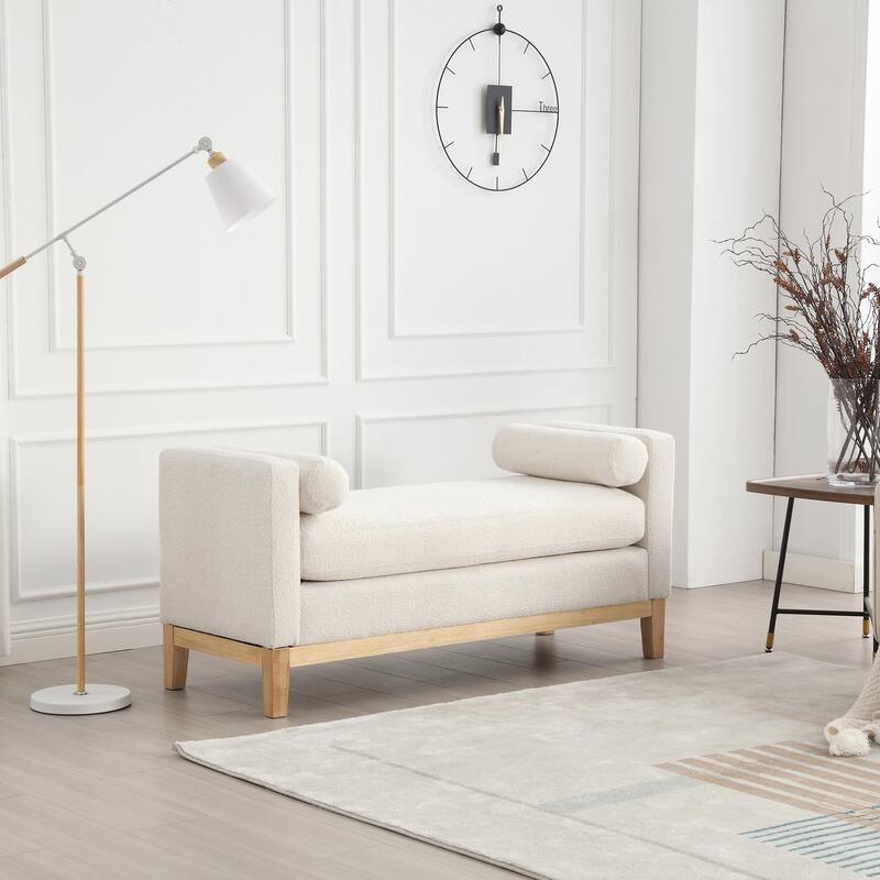 Elegant 53.5" Upholstered Ottoman Bench with Wood Legs & Bolster Pillows