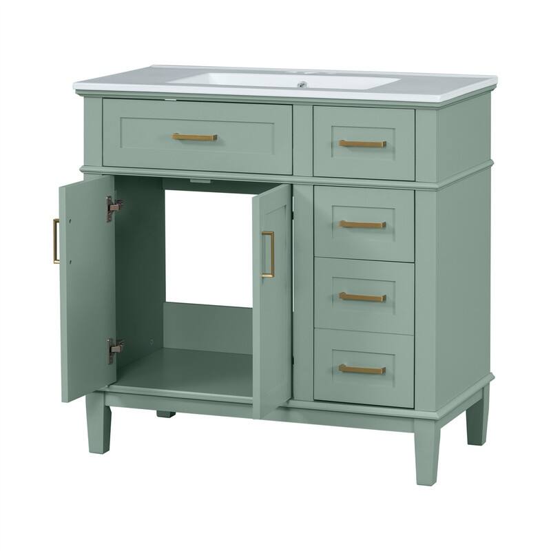 36" Bathroom Vanity with Ceramic Sink, Freestanding Bathroom Vanity Cabinet with 2 Soft Close Doors and 4 Storage Drawers