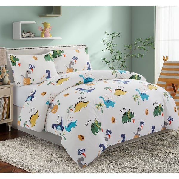 slide 2 of 5, Kids Boys Printed 600 Thread Count Cotton Blend Percale Duvet Cover Fitted Sheet Ensemble Bedding Set, Dinosaur Zoo Dino Navy Blue, Green, Yellow, White - Full
